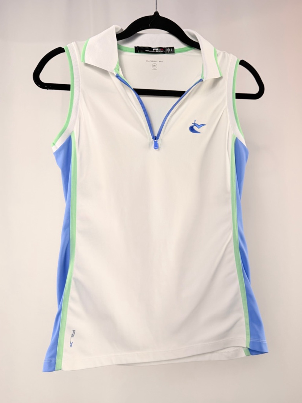 RLX Ralph Lauren Sleeveless Polo Shirt White with Green Blue Trim‎ Size Small